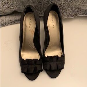 Black Tahari silk open toe heels size 8.5